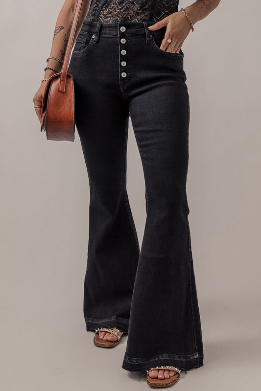 Angela Black High Waist Button Up Flare Jeans