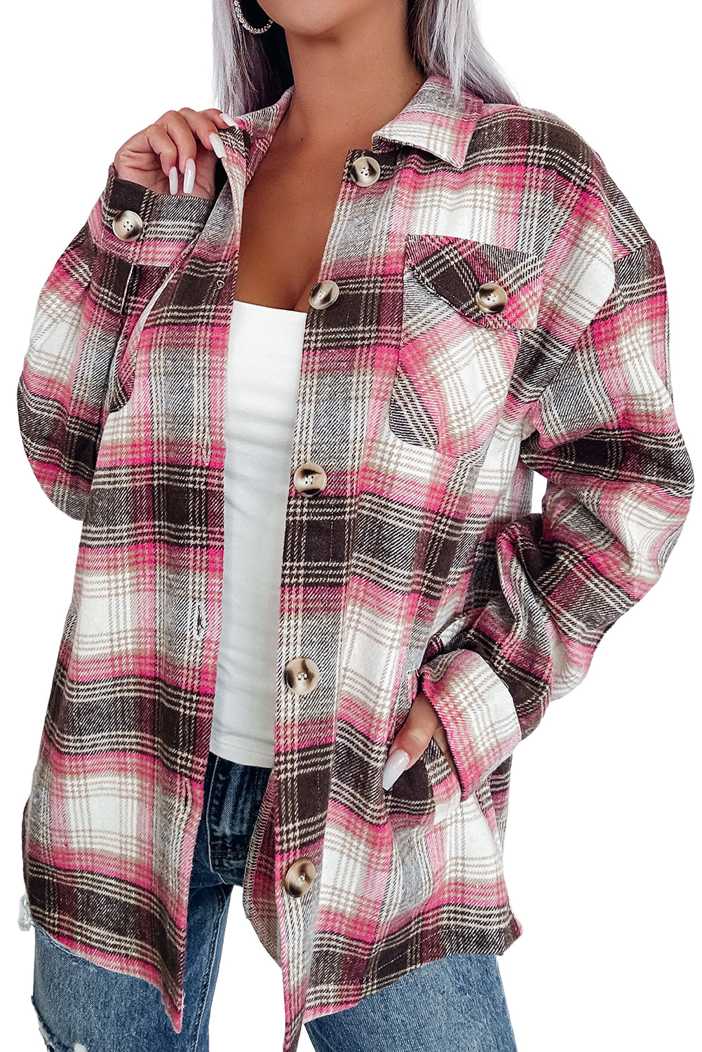 Pink Plaid Flap Pocket Button Up Shacket