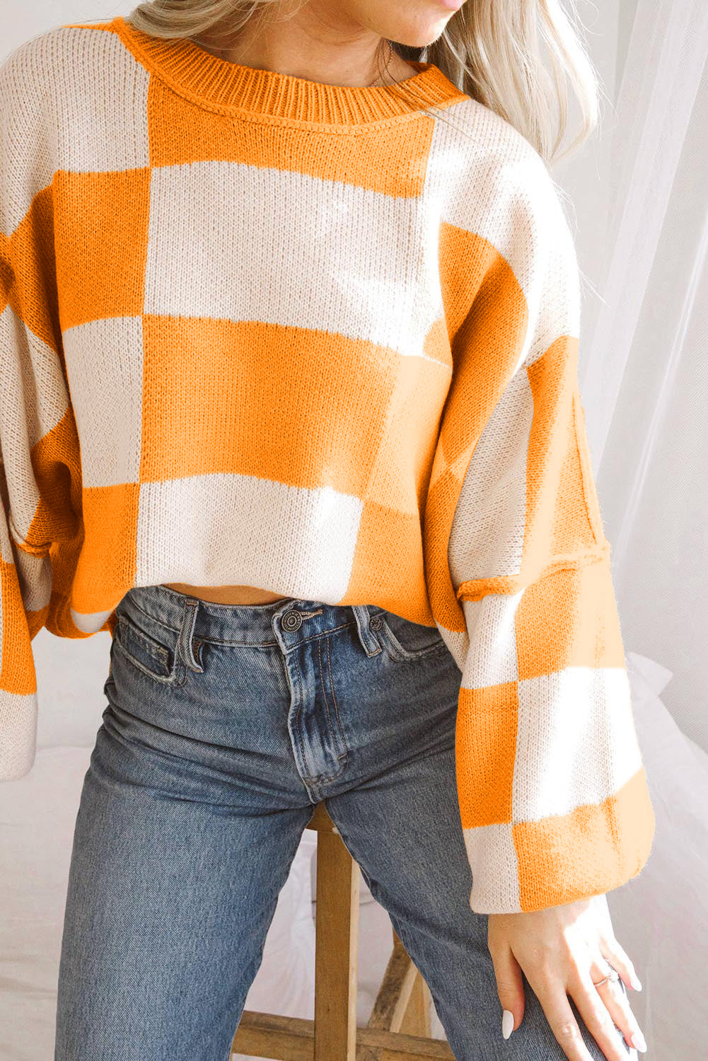 Green Checkered Bishop Sleeve Pullover Sweater