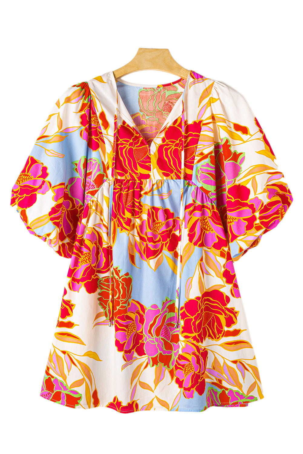 White Puff Sleeve Tied Split Neck Colorful Floral Flowy Dress