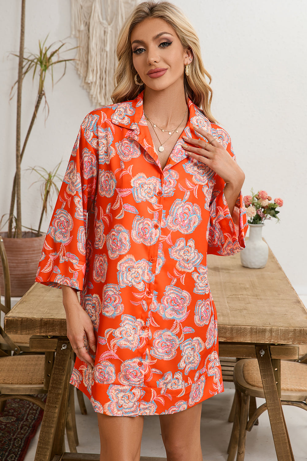 Red Floral Print Lapel Collar Loose Shirt Mini Dress