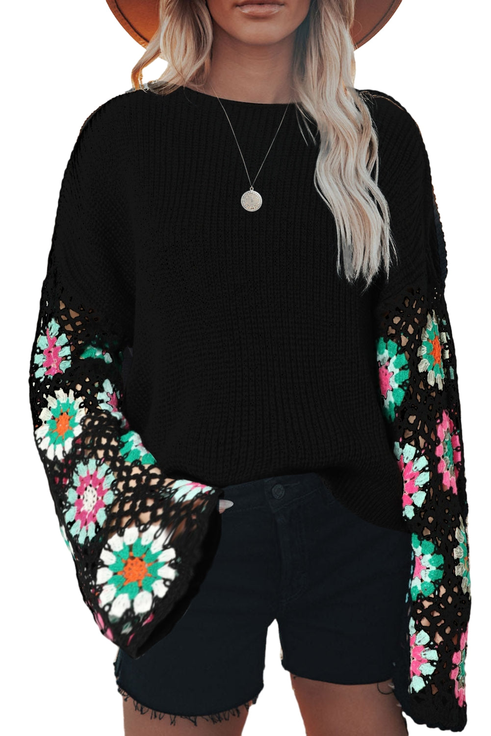 Black Floral Crochet Bell Sleeve Loose Knit Sweater