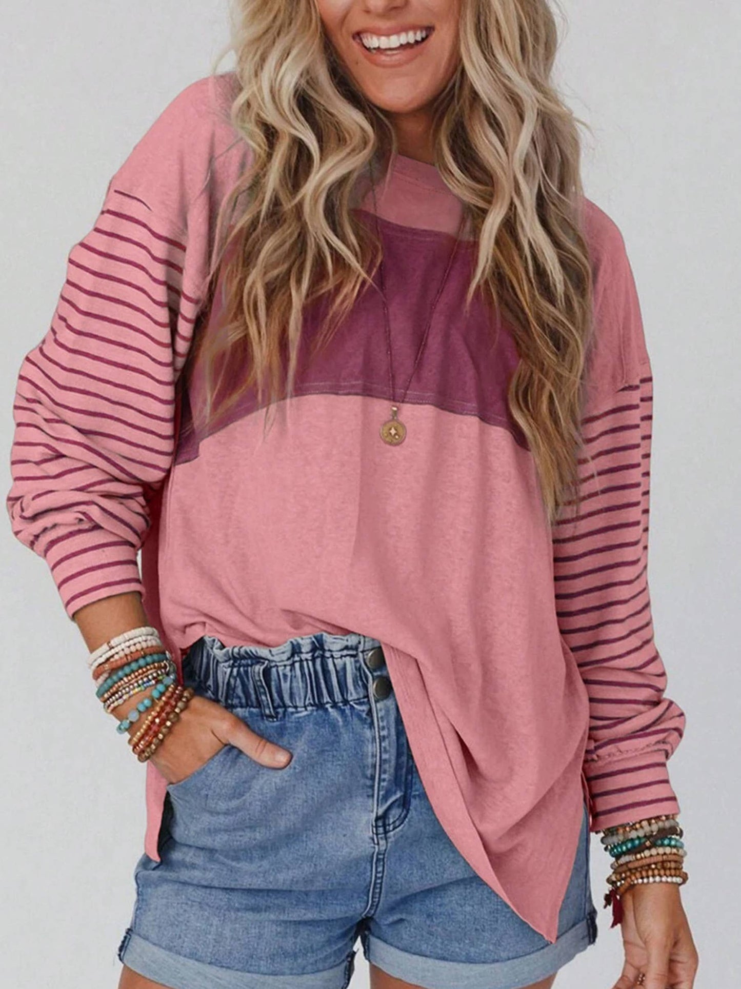 Round Neck Casual Striped Contrast Long Sleeved T-shirt