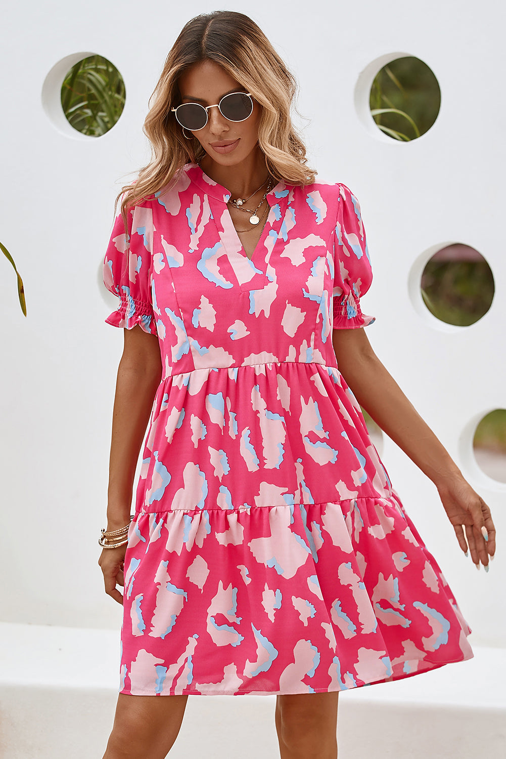 Pink Abstract Print V Neck Smocked Sleeve Mini Dress