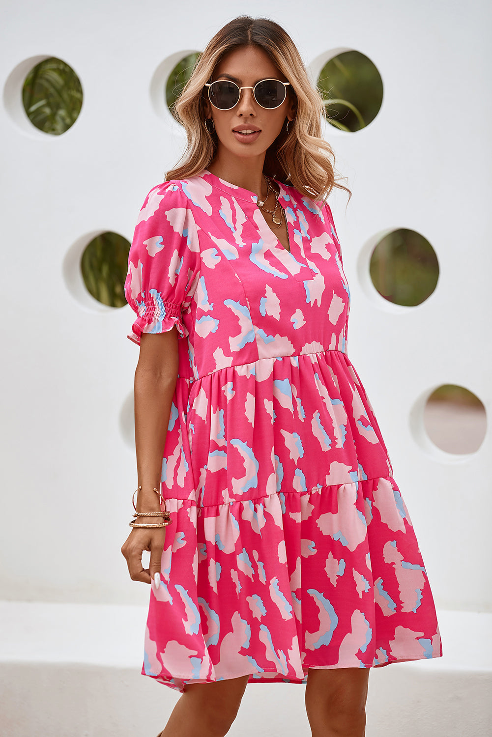 Pink Abstract Print V Neck Smocked Sleeve Mini Dress